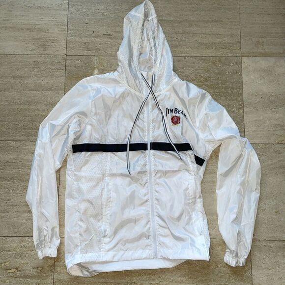 JIM BEAM MENS‎ HOODED WHITE WITH LOGO FULL ZIP WINDBREAKER JACKET SIZE XS - Picture 1 of 5
